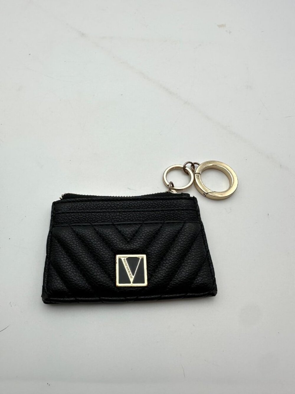 Victoria's Secret Black Quilted Card Holder Coin Purse Keychain Wallet Zip